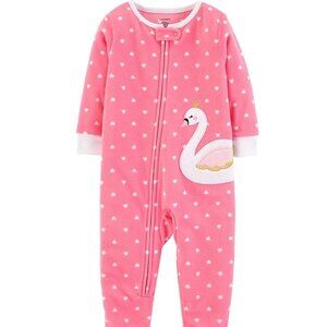 CARTER'S Baby Pink Fleece Swan One Piece Zip Up Footed Pj's
